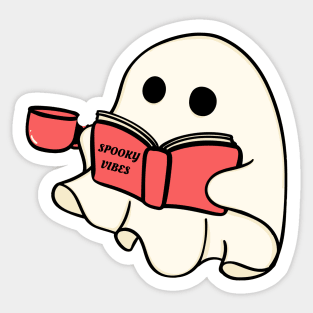 Cute Retro Halloween Ghost Reading Book And Drinking Coffee Sticker